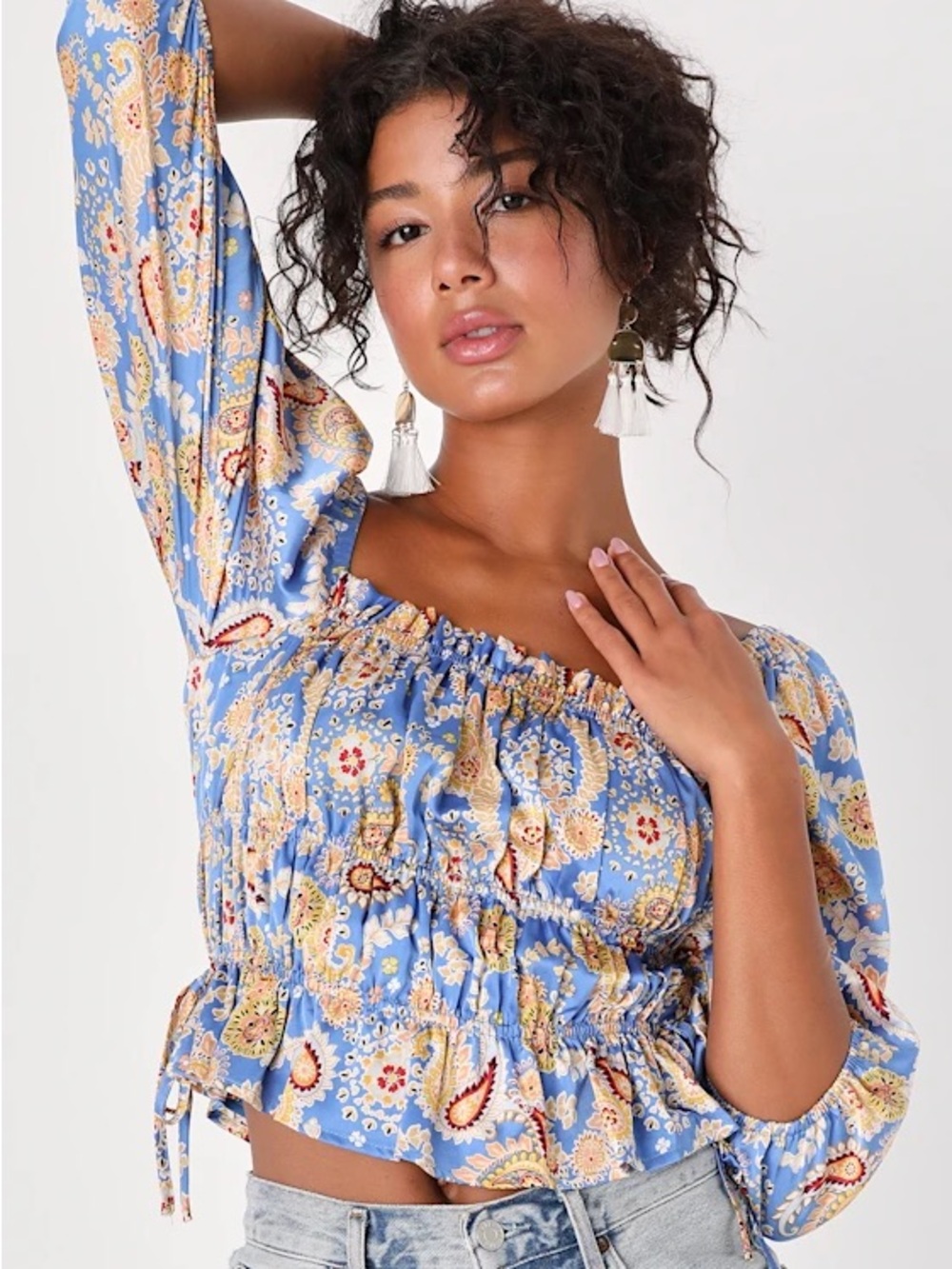 Lulus Staying Cute Blue Paisley Satin Ruffled Long Sleeve Top size Medium - Picture 1 of 5